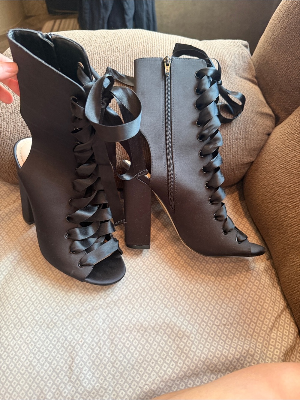 ALDO Elegant Black Satin Lace-Up Peep Toe Block Heel Boots Size 7.5